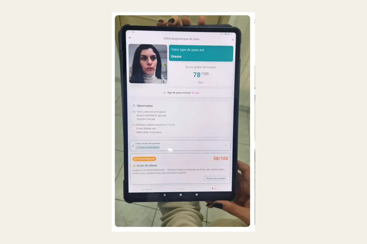 Résultat du diagnostic de peau Atena sur tablette, score et observations