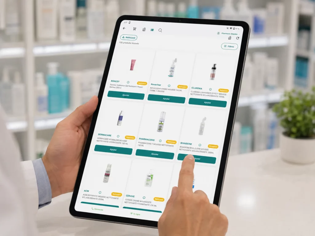 Application Atena sur tablette en pharmacie : catalogue produits de la marque