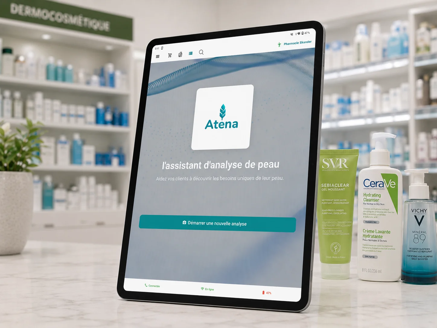 Écran d’accueil de l’assistant d’analyse de peau Atena en pharmacie