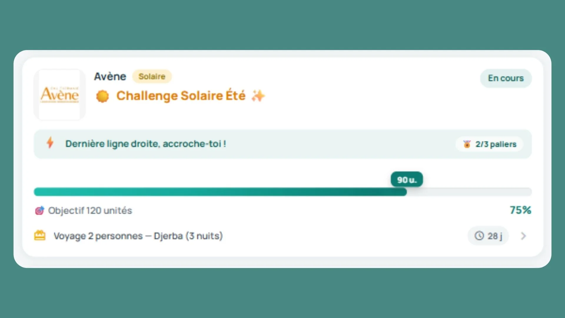 Challenge de vente Avène dans Atena, avec objectif, paliers et récompense