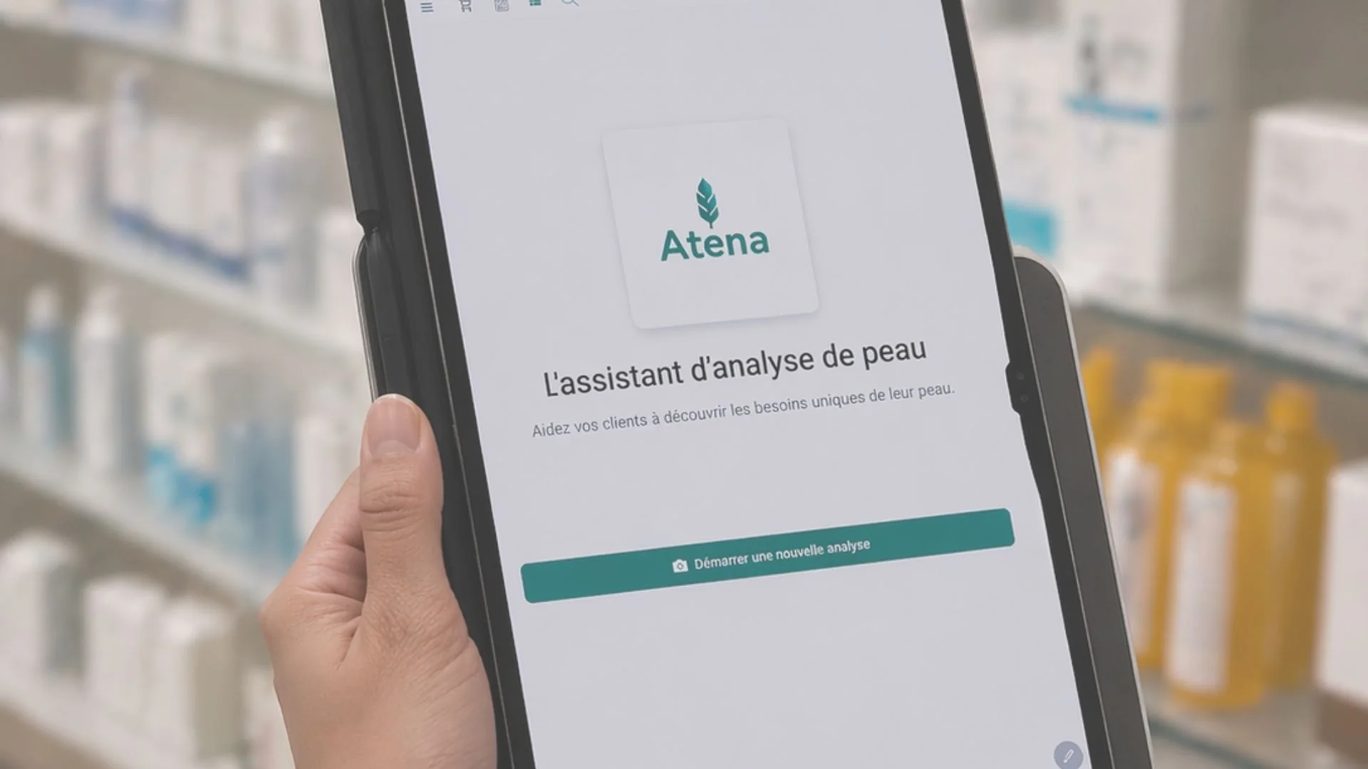 Tablette Atena affichant l’assistant d’analyse de peau au comptoir