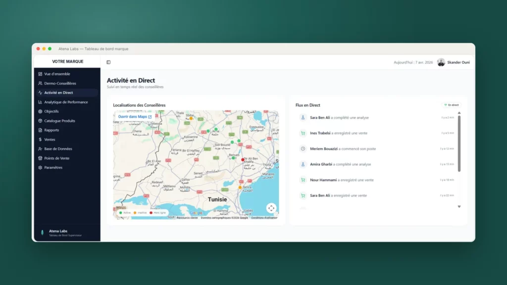 Atena Labs — activité en direct des dermo-conseillères : carte des points de vente et flux des analyses et ventes